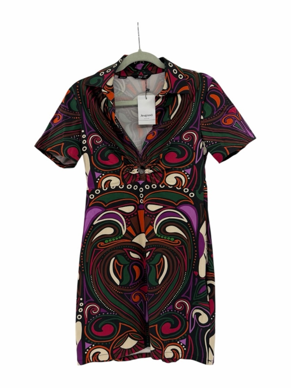 NEW Desigual Black Multicolor Abstract Maximalism Mini Dress Size Medium Cut Out